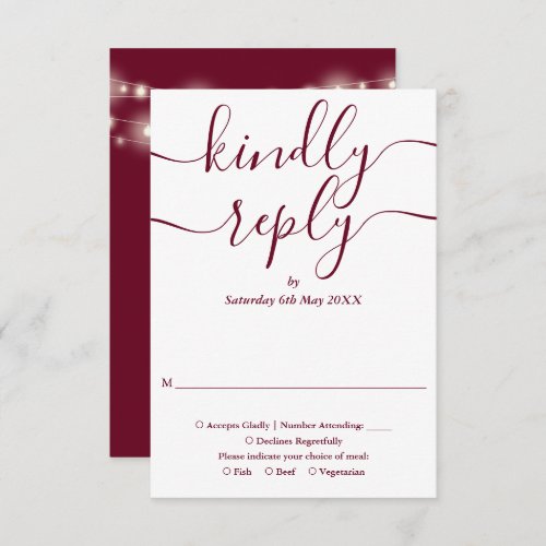 Burgundy Script String Lights Wedding RSVP Card