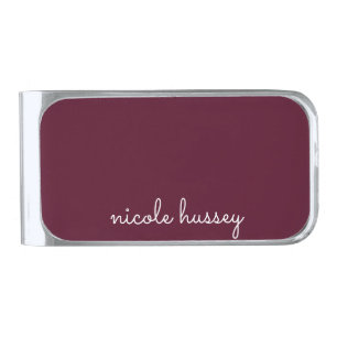 Burgundy Script   Stylish Monogram Modern Silver Finish Money Clip