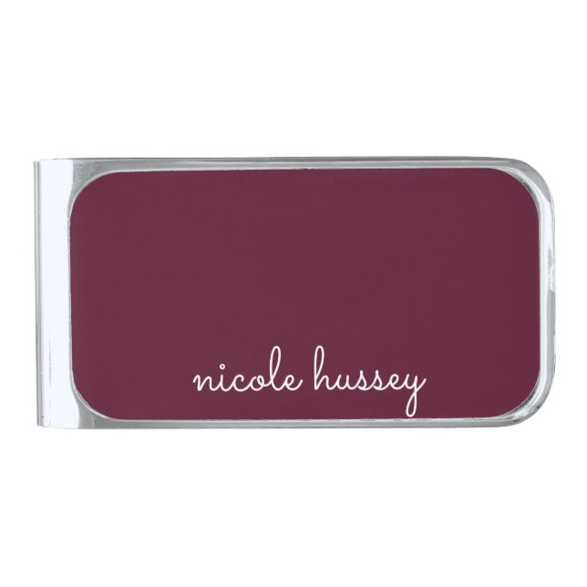 Burgundy Script | Stylish Monogram Modern Silver Finish Money Clip (Front)