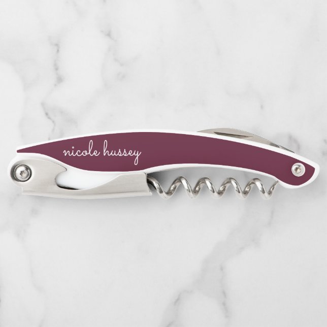 Burgundy Script  | Stylish Monogram Modern Waiter's Corkscrew (Front)