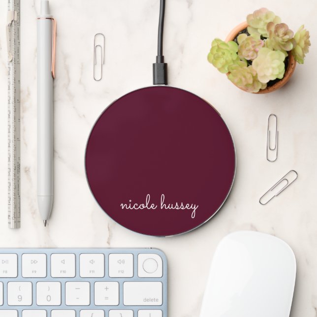 Burgundy Script | Stylish Monogram Modern Wireless Charger (Desk)