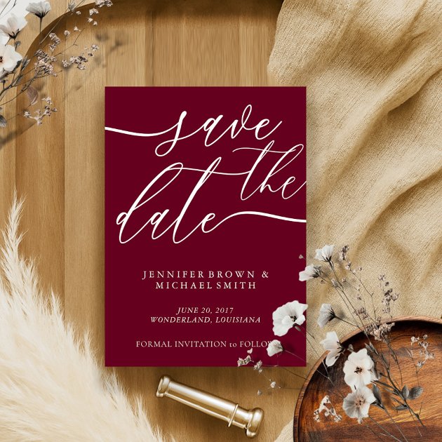 Burgundy Script Wedding Custom Photo Calligraphy Save The Date