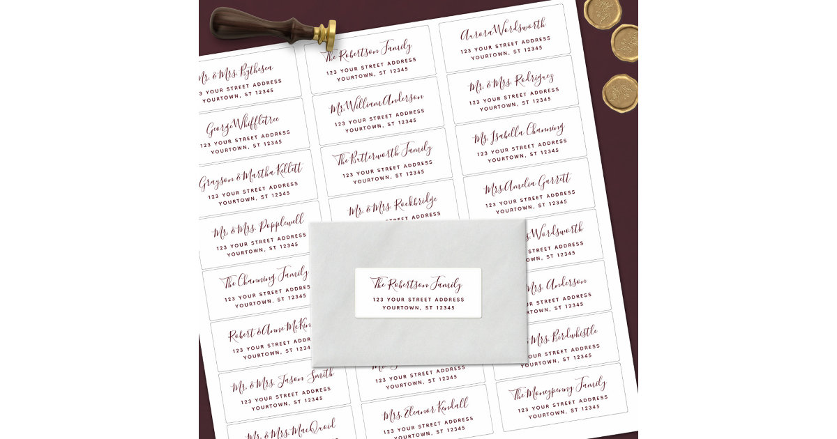 Burgundy Script Wedding Guest Address Labels | Zazzle