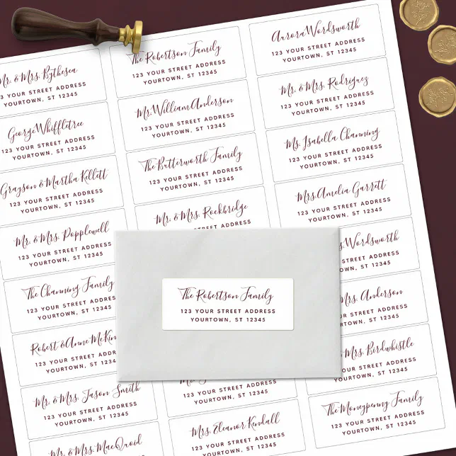 Burgundy Script Wedding Guest Address Labels | Zazzle