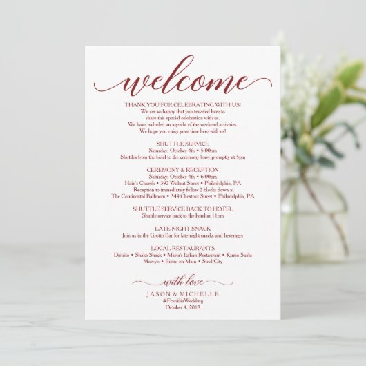 Burgundy Script Wedding Itinerary -Wedding Welcome (Standing Front)