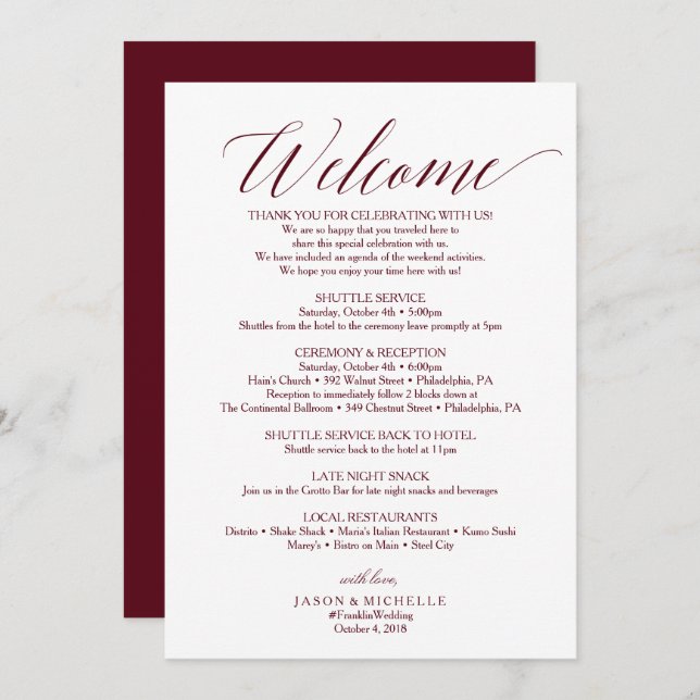 Burgundy Script Wedding Itinerary Welcome Letter Invitation (Front/Back)