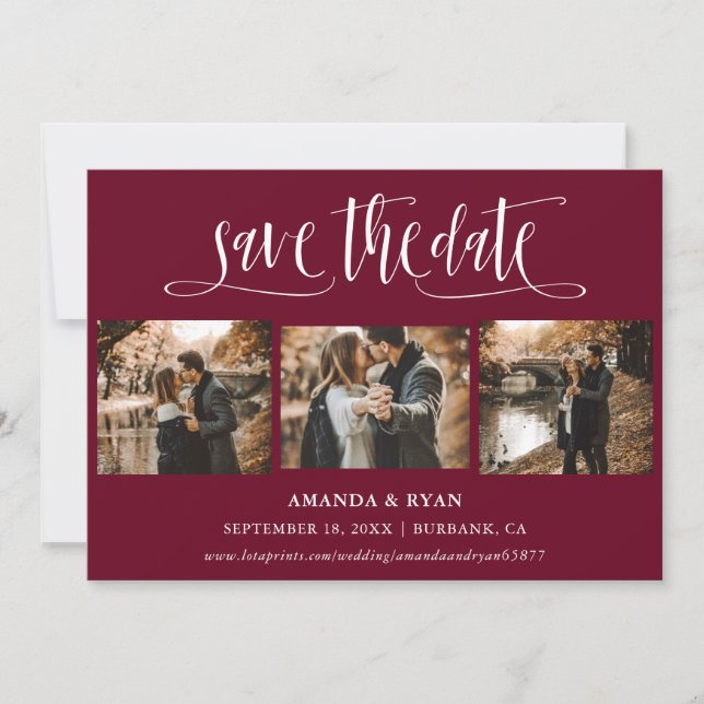 Burgundy Script Wedding Photo Save The Date (Front)