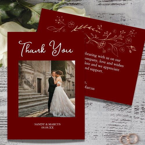 Burgundy Script Wedding Photo Thank You Card