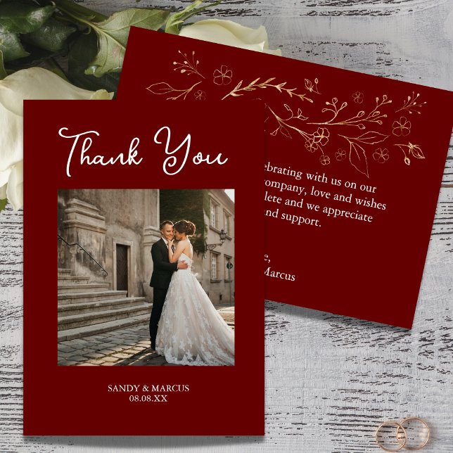Burgundy Script Wedding Photo Thank You Card (Creator Uploaded)