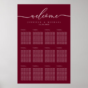 Burgundy Script Welcome Wedding Table Seating Poster