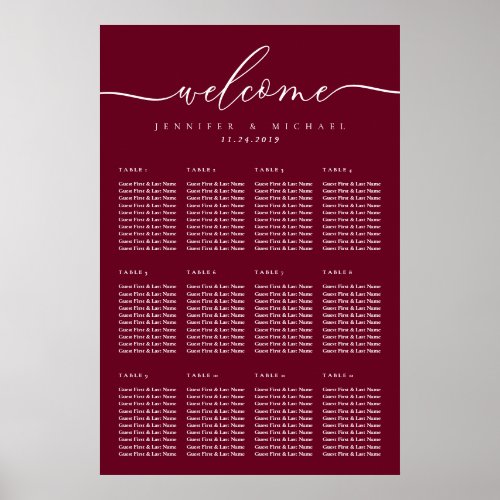 Burgundy Script Welcome Wedding Table Seating Poster
