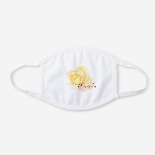 Burgundy Scripted Name on Pretty Yellow Rose White Cotton Face Mask