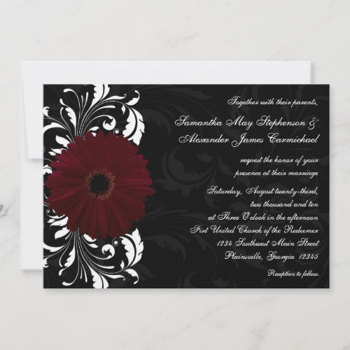 Burgundy Scroll Gerbera Daisy w/Black and White Personalized Invitation