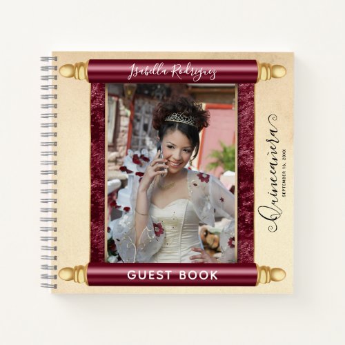 Burgundy Scroll Photo Budget Quinceaera Guest Notebook