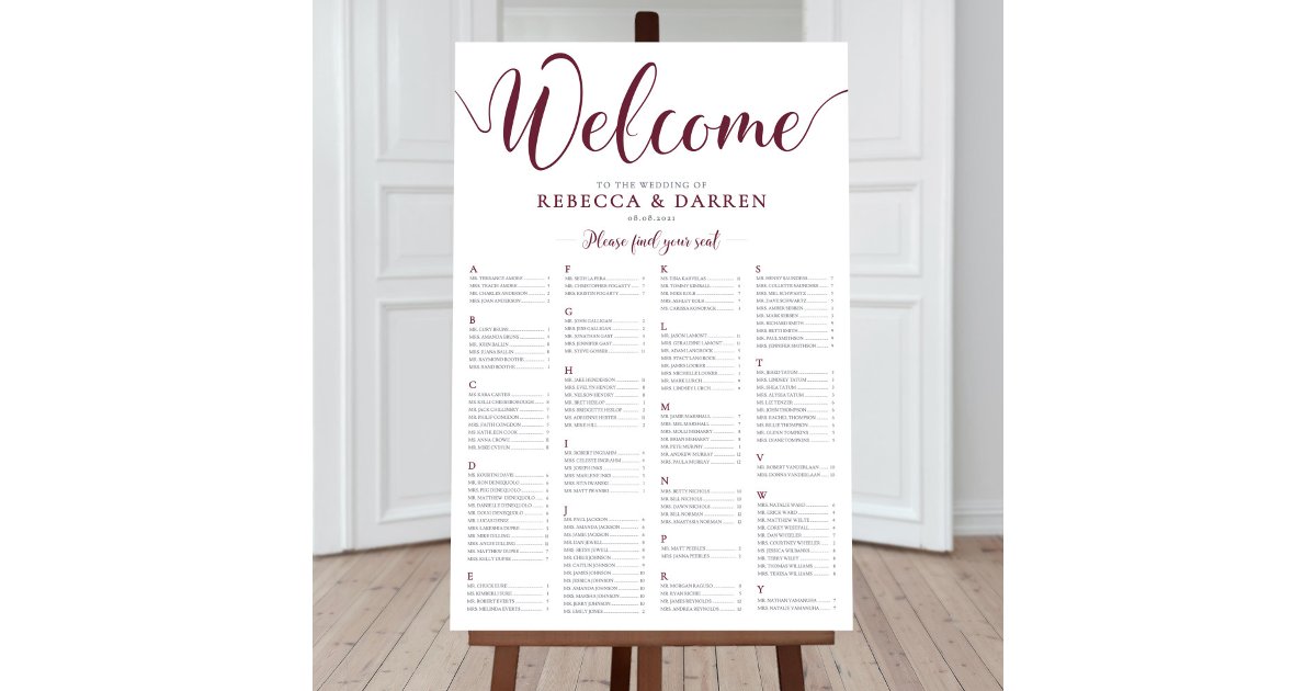 Burgundy Seating Chart Alphabetical Table Plan | Zazzle