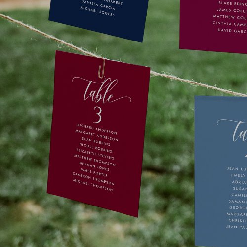 Burgundy Seating Plan Cards with Guest Names