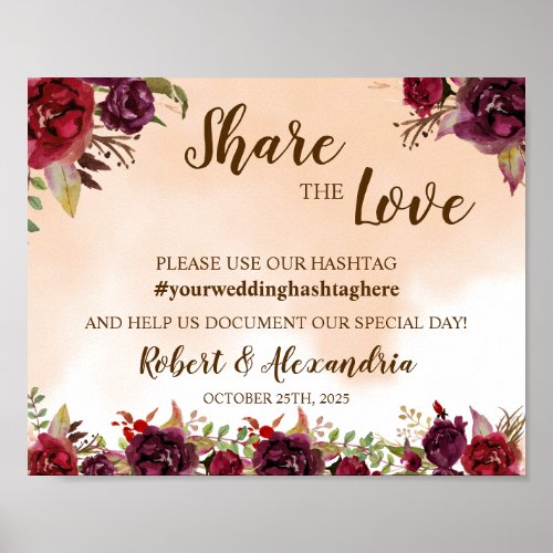 Burgundy Share the Love Social Media Wedding Sign