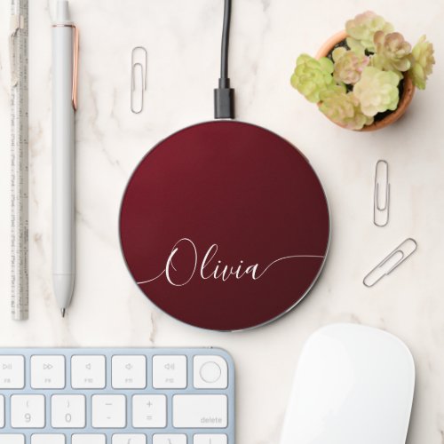 Burgundy Shimmer Elegant Calligraphy Script Name Wireless Charger