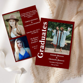 Burgundy siblings graduate Double graduation Invitation