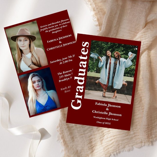 Burgundy siblings graduate Double graduation  Invitation (Creator Uploaded)