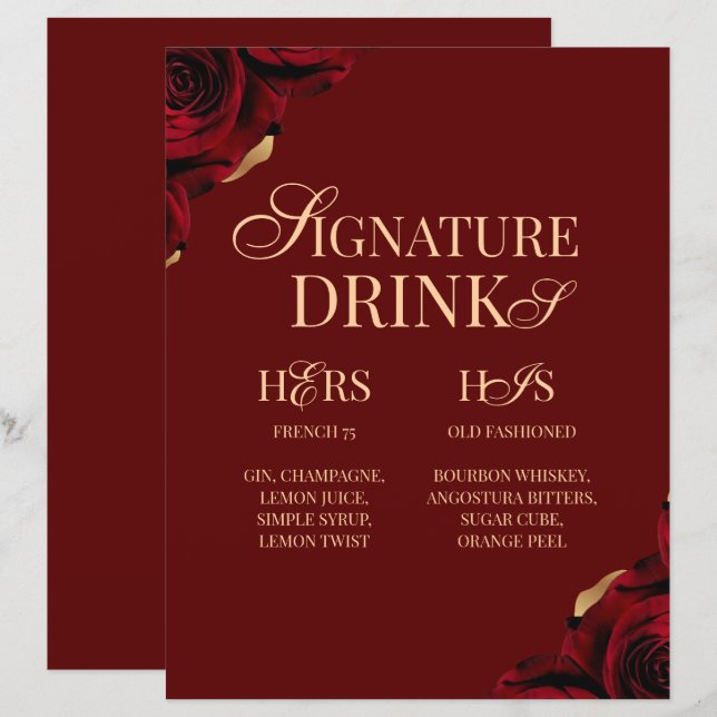 Burgundy Signature Drink Wedding Bar Sign (Front/Back)