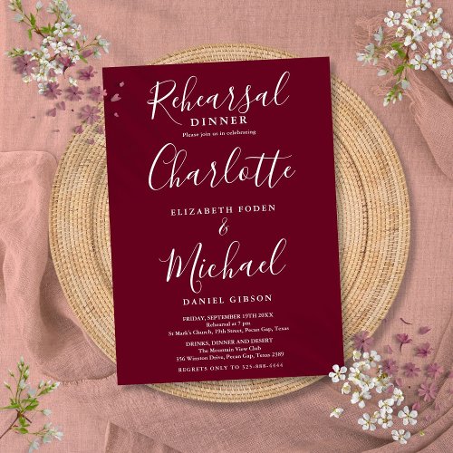 Burgundy Signature Script Rehearsal Dinner Invitation