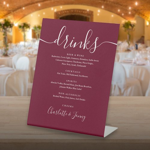 Burgundy Signature Script Wedding Drinks Menu Pedestal Sign