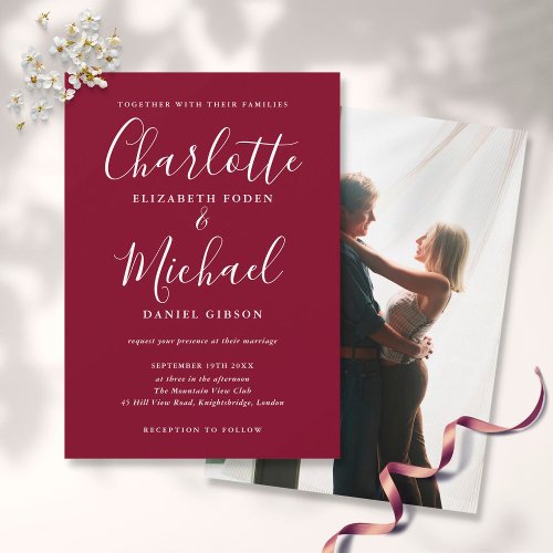 Burgundy Signature Script Wedding Modern Photo Invitation