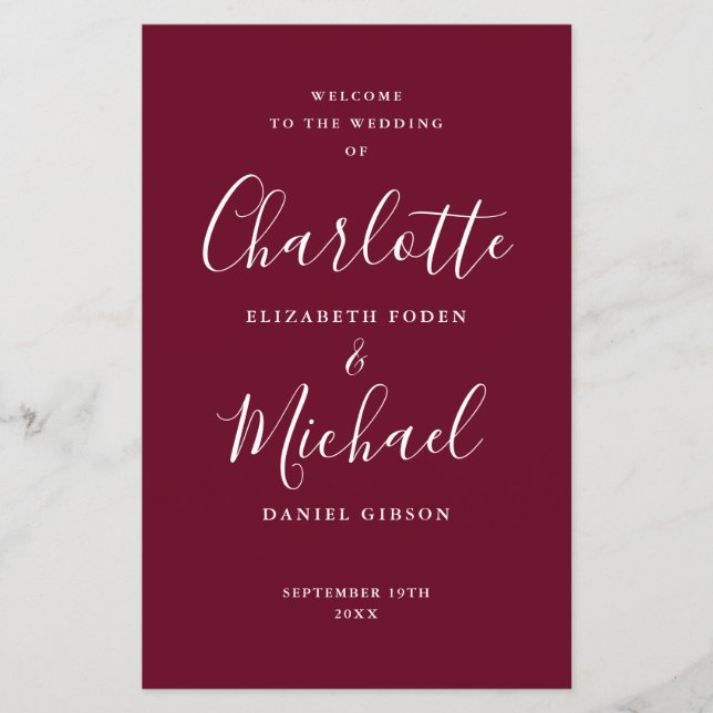 Burgundy Signature Script Wedding Program (Front)