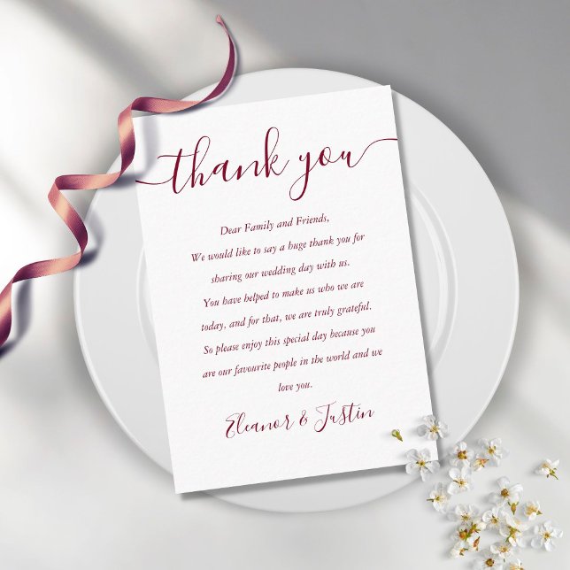 Burgundy Signature Script Wedding Thank You Place Card (Creator Uploaded)