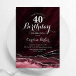 Burgundy Silver Agate 40th Birthday Invitation<br><div class="desc">Burgundy and silver agate 40th birthday party invitation. Elegant modern design featuring marsala wine,  dark red watercolor agate marble geode background,  faux glitter silver and typography script font. Trendy invite card perfect for a stylish women's bday celebration. Printed Zazzle invitations or instant download digital printable template.</div>