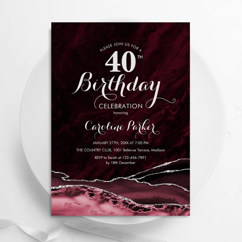 Burgundy Silver Agate 40th Birthday Invitation