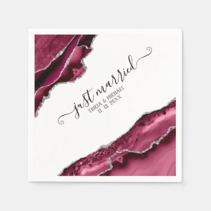 Burgundy & Silver Agate Borders Just Married Napkins