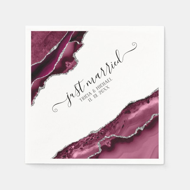 Burgundy & Silver Agate Borders Just Married Napkins (Front)