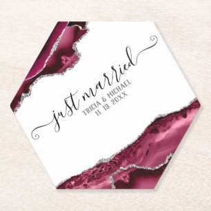 Burgundy & Silver Agate Borders Just Married Paper Coaster