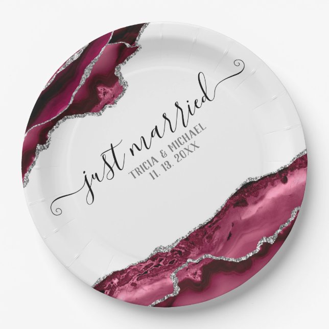 Burgundy & Silver Agate Borders Just Married Paper Plates (Front)