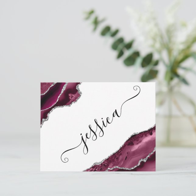 Burgundy & Silver Agate Borders Personalized Note Card (Standing Front)