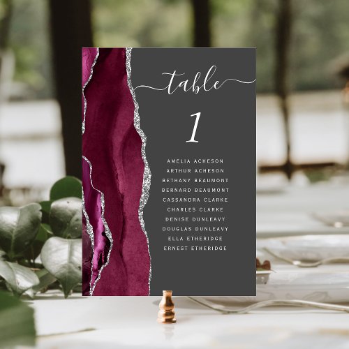 Burgundy Silver Agate Charcoal Gray Wedding Table Number