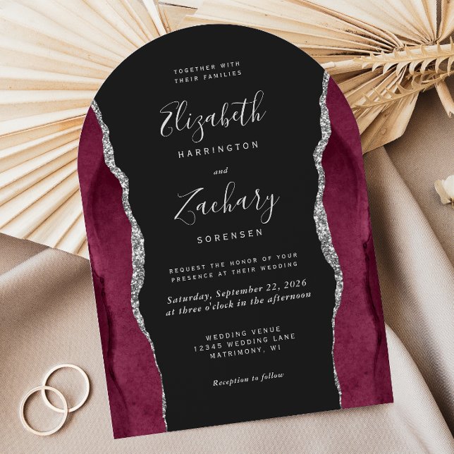 Burgundy Silver Agate Dark Arch Shape Wedding Invitation (Creator Uploaded)