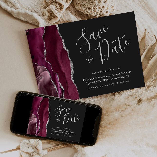 Burgundy Silver Agate Dark Save the Date Invitation (Creator Uploaded)