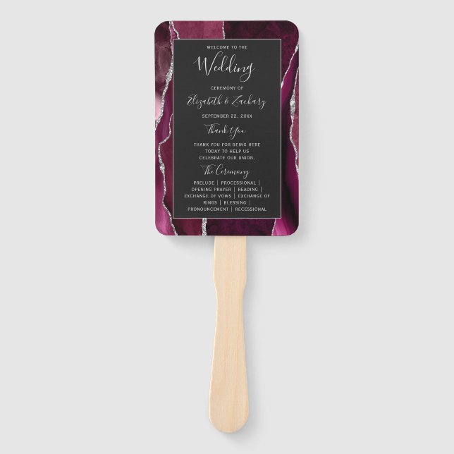 Burgundy Silver Agate Dark Wedding Program Hand Fan (Front)