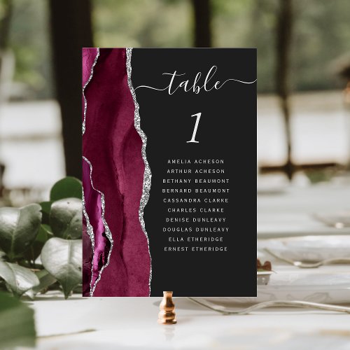 Burgundy Silver Agate Dark Wedding Table Number