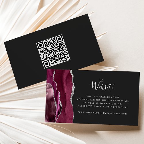 Burgundy Silver Agate Dark Wedding Website QR Code Enclosure Card