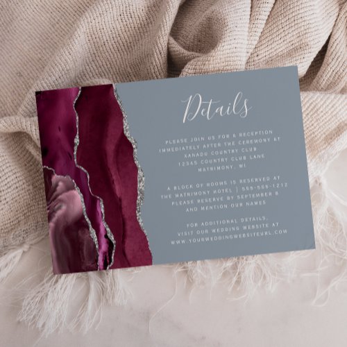 Burgundy Silver Agate Dusty Blue Wedding Details Enclosure Card