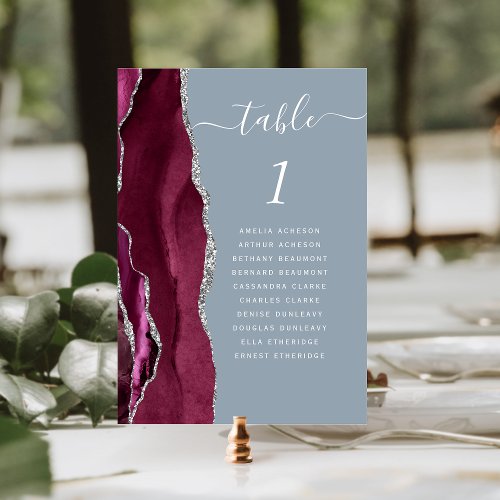 Burgundy Silver Agate Dusty Blue Wedding Table Number