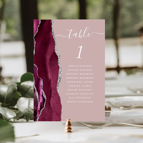 Burgundy Silver Agate Dusty Rose Wedding Table Number