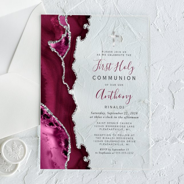 Burgundy Silver Agate First Holy Communion Acrylic Invitations (Creator Uploaded)