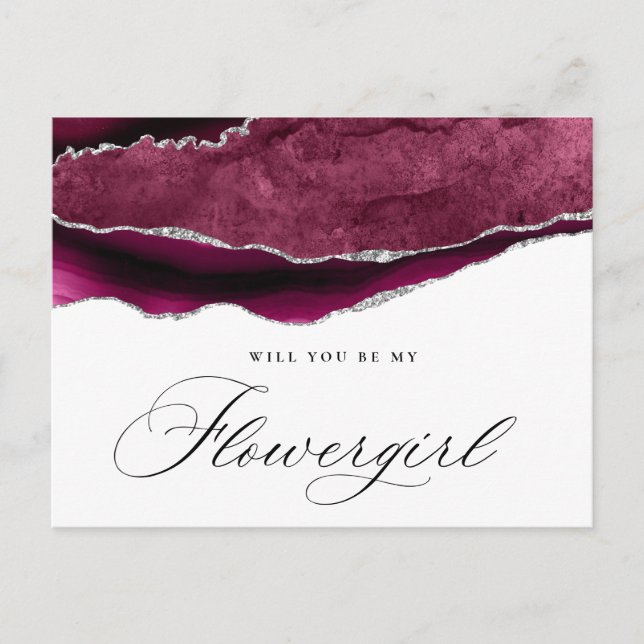 burgundy silver agate flowergirl proposal card (Front)