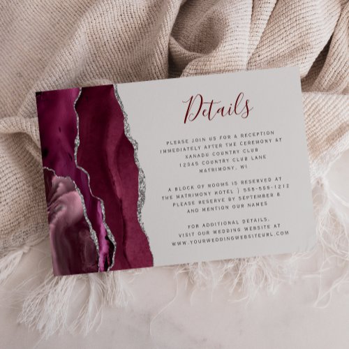 Burgundy Silver Agate Light Gray Wedding Details Enclosure Card