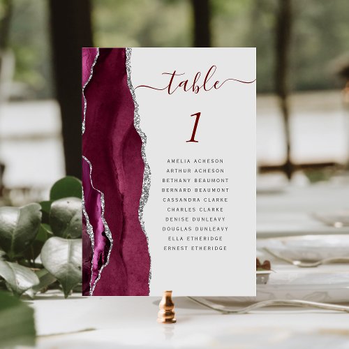 Burgundy Silver Agate Light Gray Wedding Table Number
